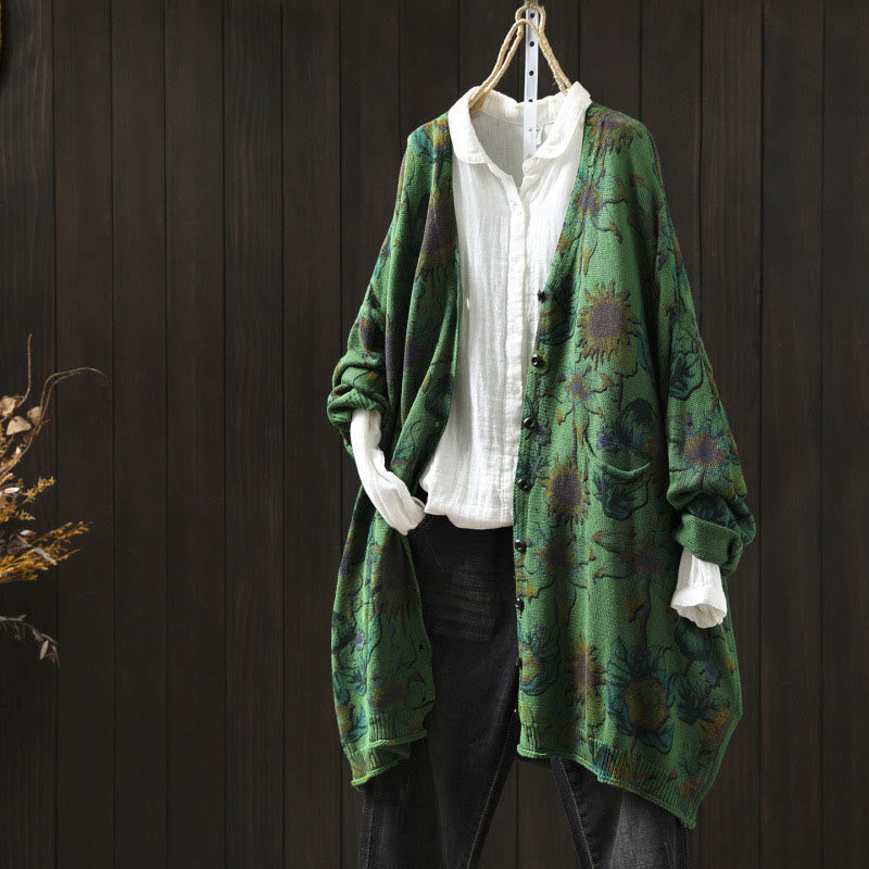 Buddha Stones Sunflower Mid-length Buttons Women's Long Sleeve Knitted Cardigan Sweater With Pockets - MediumSeaGreen - US4-8/10，UK/AU8-12/14，EU36-40/42 (F) - image 0