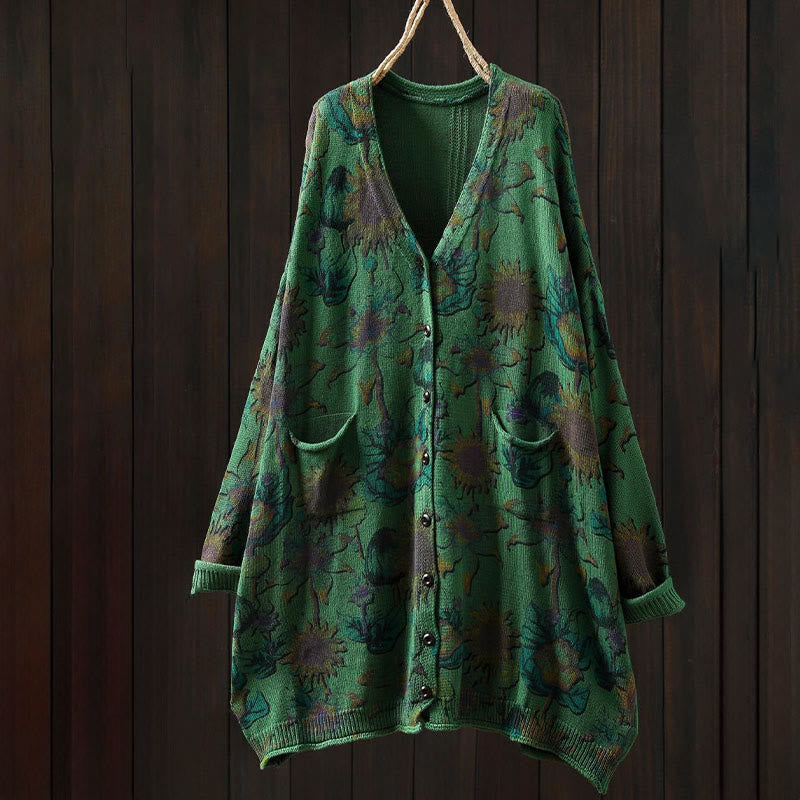 Buddha Stones Sunflower Mid-length Buttons Women's Long Sleeve Knitted Cardigan Sweater With Pockets - image 1