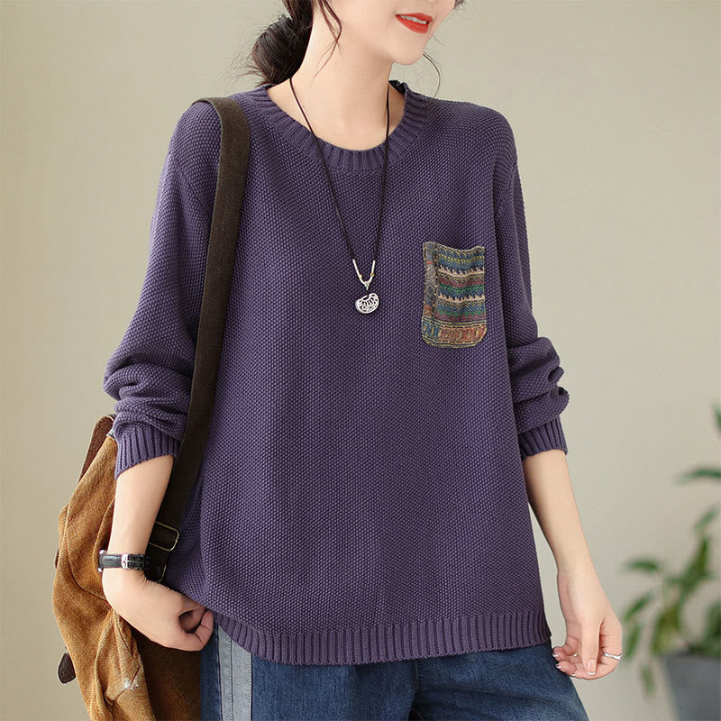 Buddha Stones Fall Floral Decorative Pocket Pattern Knitted Cotton Women's Long Sleeve Sweater - Purple - US4-6，UK/AU8-10，EU36-38 (F) - image 11