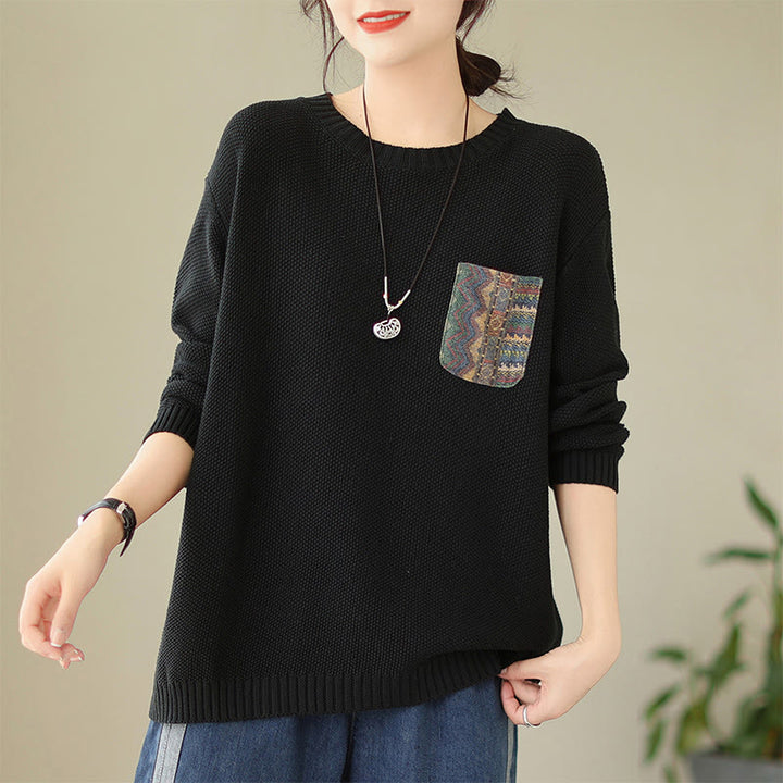 Buddha Stones Fall Floral Decorative Pocket Pattern Knitted Cotton Women's Long Sleeve Sweater - Black - US4-6，UK/AU8-10，EU36-38 (F) - image 17