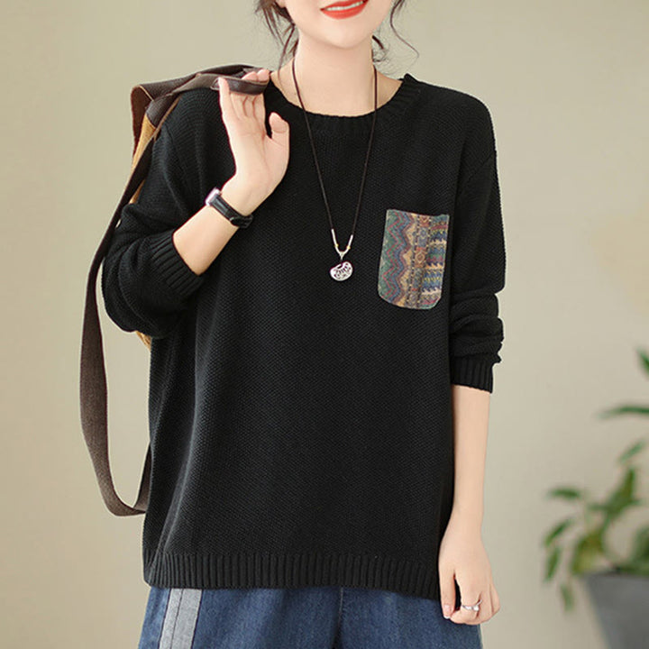 Buddha Stones Fall Floral Decorative Pocket Pattern Knitted Cotton Women's Long Sleeve Sweater - image 20