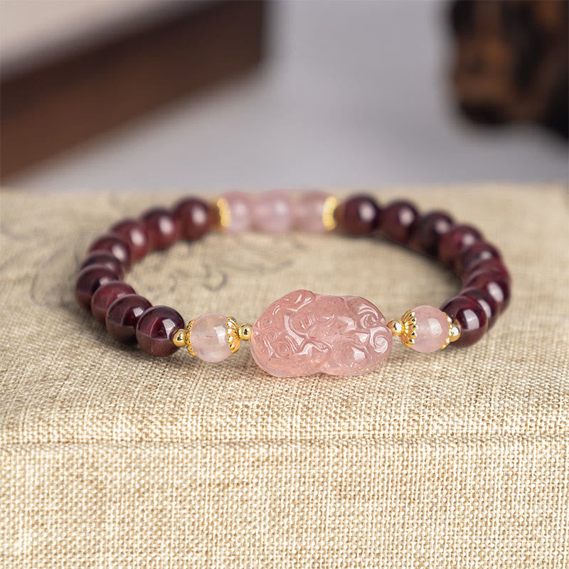 Buddha Stones Garnet Strawberry Quartz Pixiu Lucky Bracelet - Garnet Pink Crystal(Wrist Circumference: 14-16cm) - image 0