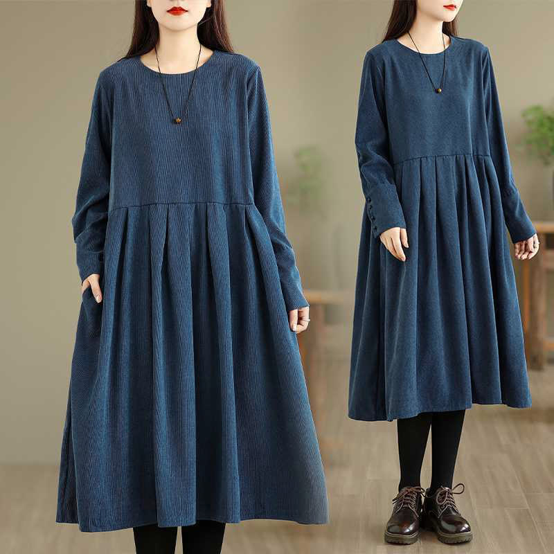Buddha Stones Fall Plain DarkBlue Long Sleeve Corduroy Midi Dress With Pockets - DarkBlue - US8-10，UK/AU12-14，EU40-42 (XL) - image 0