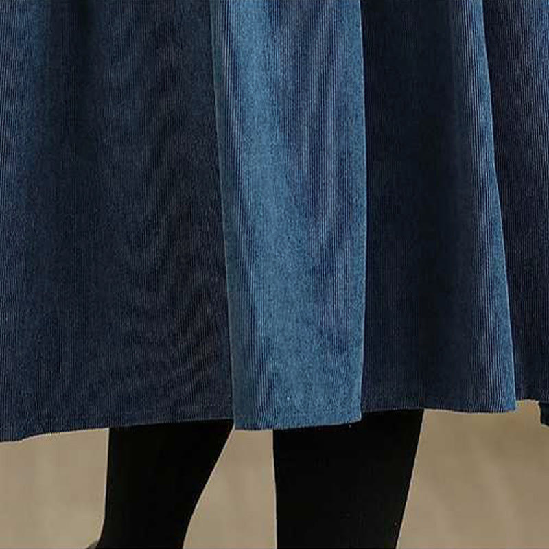 Buddha Stones Fall Plain DarkBlue Long Sleeve Corduroy Midi Dress With Pockets - image 12