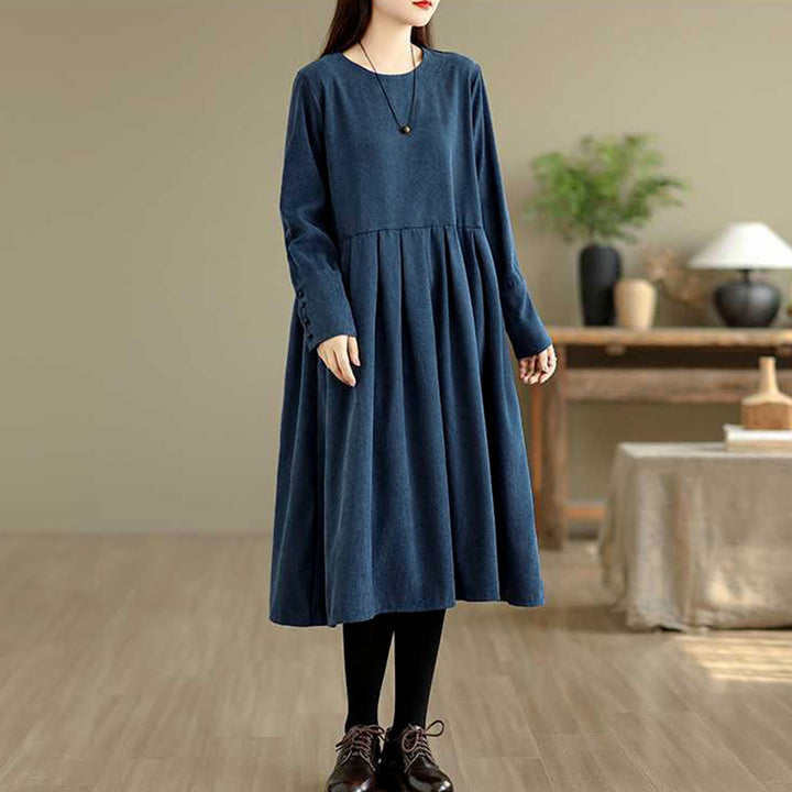 Buddha Stones Fall Plain DarkBlue Long Sleeve Corduroy Midi Dress With Pockets - image 2