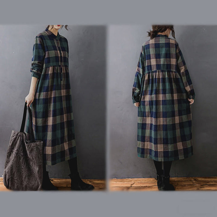 Buddha Stones Commute Patchwork Color Plaid Long Sleeve Midi Dress - image 4