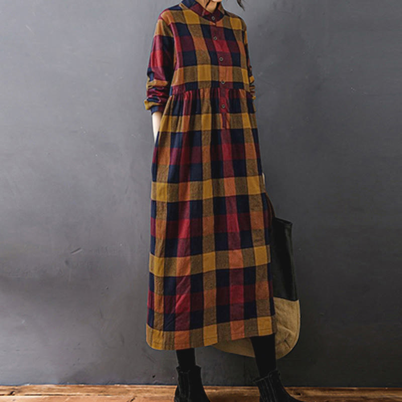 Buddha Stones Commute Patchwork Color Plaid Long Sleeve Cotton Midi Dress - image 18