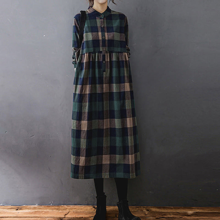 Buddha Stones Commute Patchwork Color Plaid Long Sleeve Cotton Midi Dress - DarkGreen DarkBlue Plaid - US8-10，UK/AU12-14，EU40-42 (2XL) - image 0