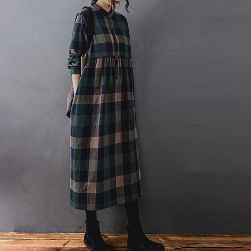 Buddha Stones Commute Patchwork Color Plaid Long Sleeve Midi Dress - image 1