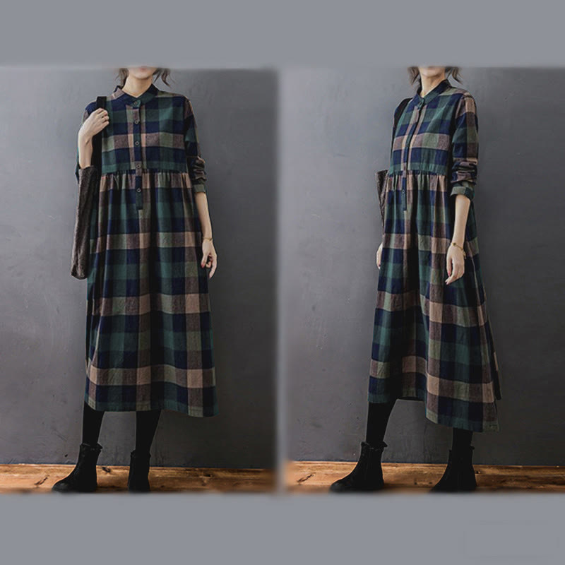 Buddha Stones Commute Patchwork Color Plaid Long Sleeve Cotton Midi Dress - image 5