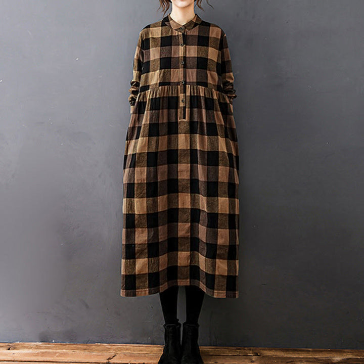 Buddha Stones Commute Patchwork Color Plaid Long Sleeve Cotton Midi Dress - Black SandyBrown Plaid - US8-10，UK/AU12-14，EU40-42 (2XL) - image 6