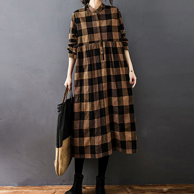 Buddha Stones Commute Patchwork Color Plaid Long Sleeve Cotton Midi Dress - image 7
