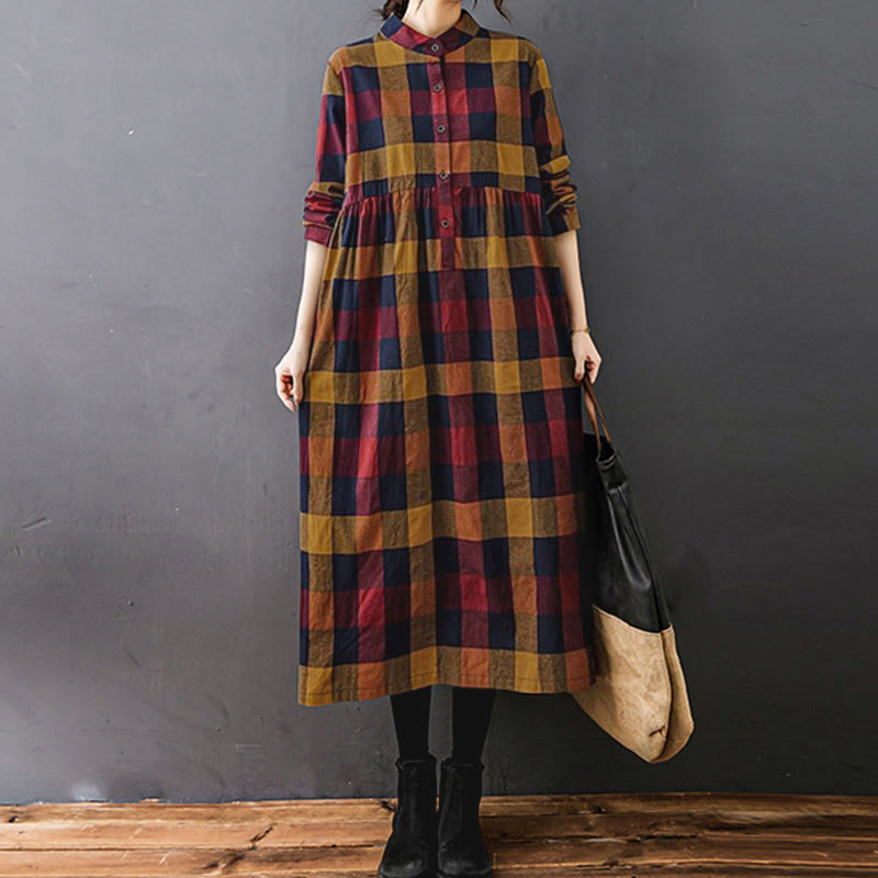 Buddha Stones Commute Patchwork Color Plaid Long Sleeve Midi Dress - image 16