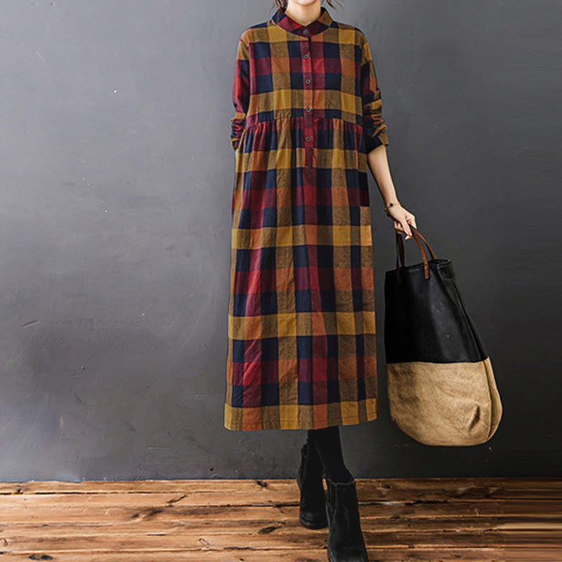 Buddha Stones Commute Patchwork Color Plaid Long Sleeve Cotton Midi Dress - image 17
