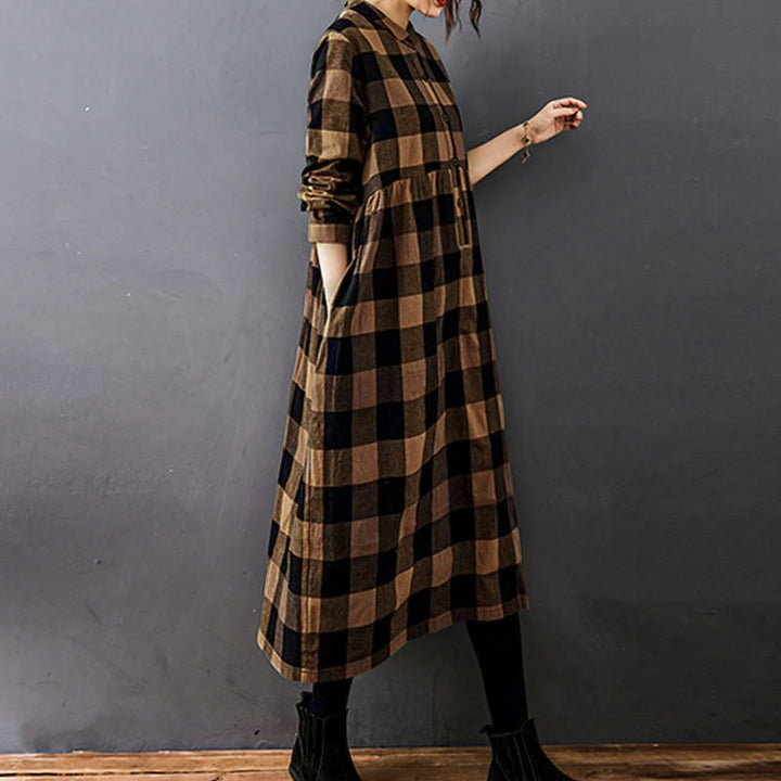 Buddha Stones Commute Patchwork Color Plaid Long Sleeve Midi Dress - image 8