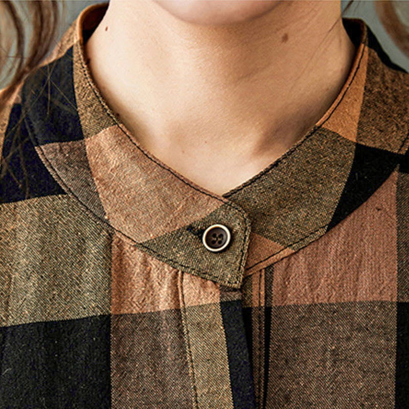 Buddha Stones Commute Patchwork Color Plaid Long Sleeve Cotton Midi Dress - image 9