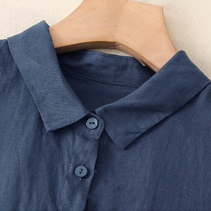 Buddha Stones Fall Commute Plain Buttons Design Long Sleeve Cotton Midi Dress With Pockets - image 2