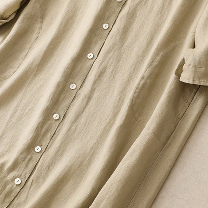 Buddha Stones Fall Commute Plain Buttons Design Long Sleeve Cotton Midi Dress With Pockets - image 13