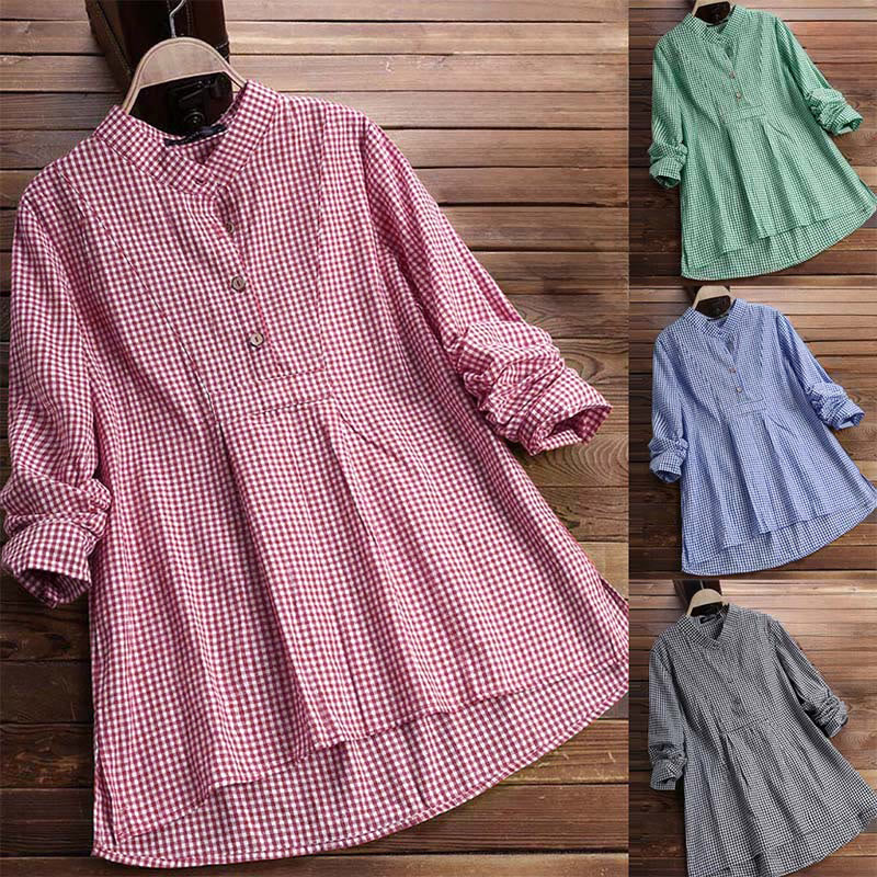 Buddha Stones Women's Buttons Long Sleeve Checked Pattern Shirt - image 16