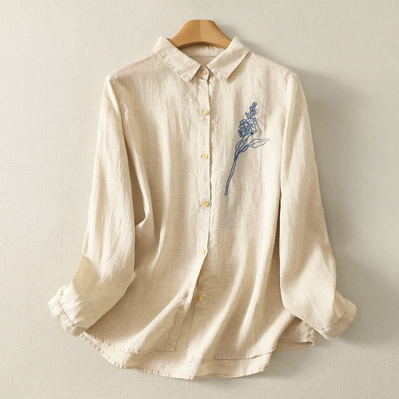 Buddha Stones Spring Embroiderd Flower Long Sleeve Women's Buttons Shirt - LightYellow - US8-10，UK/AU12-14，EU40-42 (2XL) - image 1