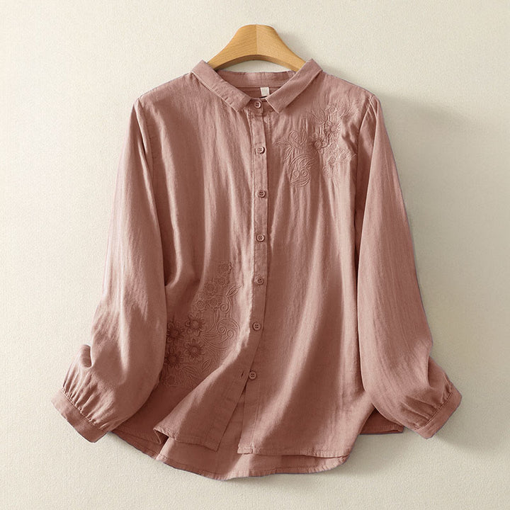 Buddha Stones Embroidered Flower Vine Pattern Long Sleeve Women's Lapel Shirt - DarkSalmon - US8-10，UK/AU12-14，EU40-42 (2XL) - image 7