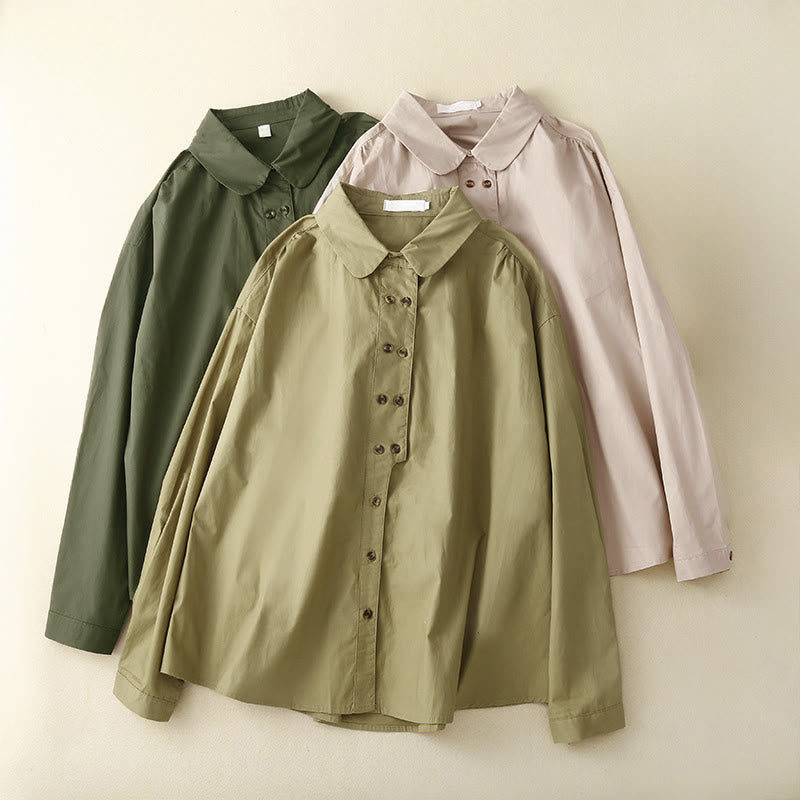 Buddha Stones Plain Double-breasted Long Sleeve Women's Cotton Lapel Shirt - image 0
