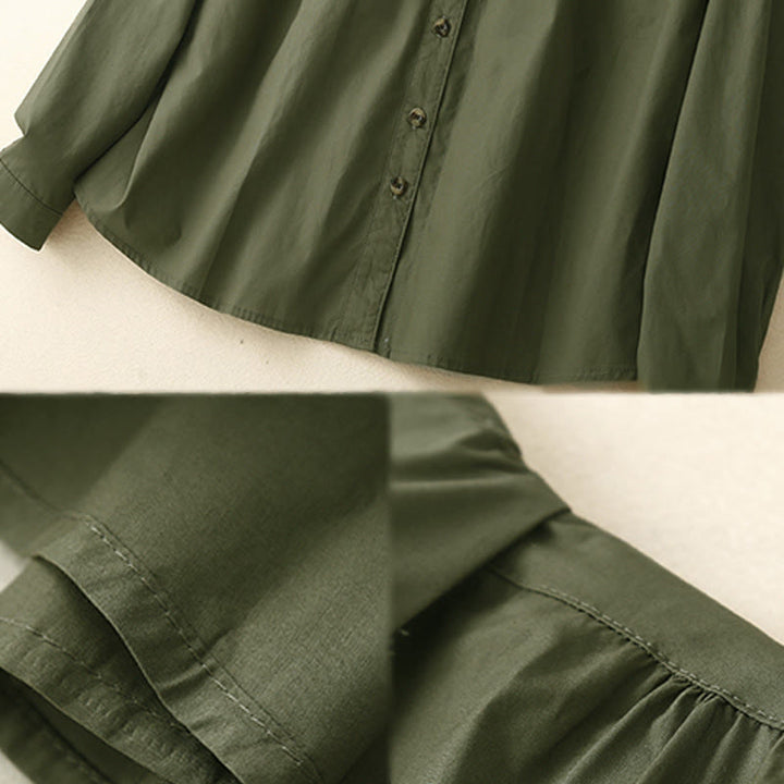 Buddha Stones Plain Double-breasted Long Sleeve Women's Cotton Lapel Shirt - image 4