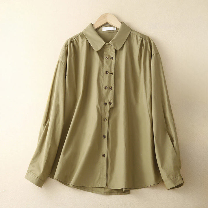 Buddha Stones Plain Double-breasted Long Sleeve Women's Cotton Lapel Shirt - DarkKhaki - US12，UK/AU16，EU44 (2XL) - image 13