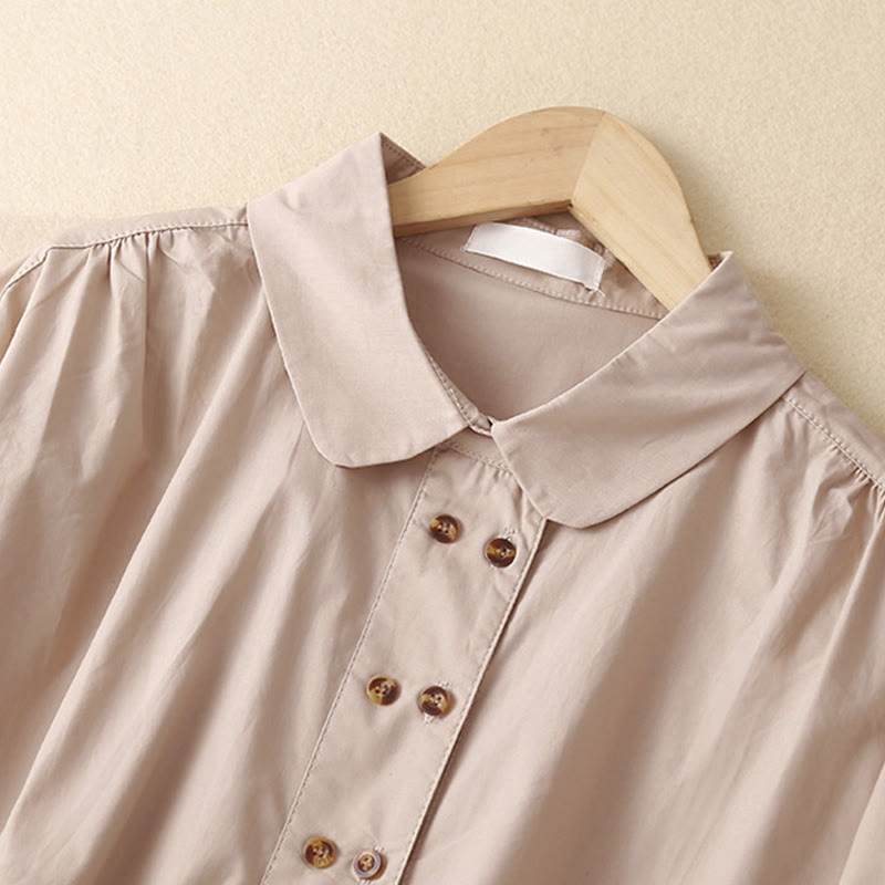 Buddha Stones Plain Double-breasted Long Sleeve Women's Cotton Lapel Shirt - image 6