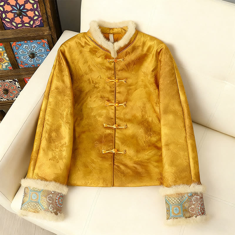 Buddha Stones Frog-Button Traditional Chinese Patterns Women's Long Sleeve Thickened Jacket  - Gold - US12，UK/AU16，EU44 (3XL) - image 0