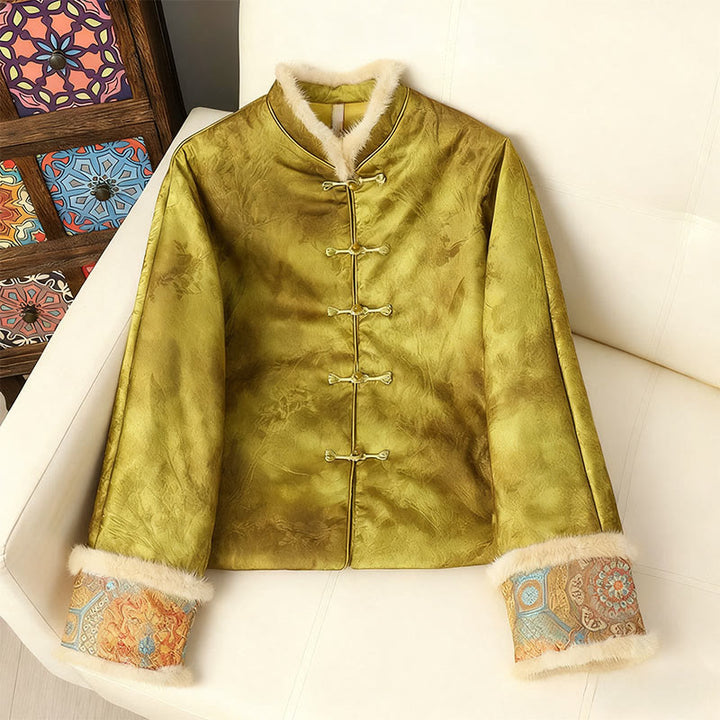 Buddha Stones Frog-Button Traditional Chinese Patterns Women's Long Sleeve Thickened Jacket  - YellowGreen - US12，UK/AU16，EU44 (3XL) - image 9