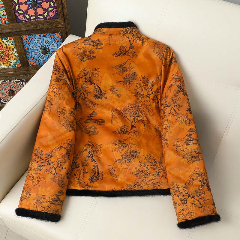 Buddha Stones Frog-button Flower Tree Pattern Women's Long Sleeve Thickened Jacket  - image 2