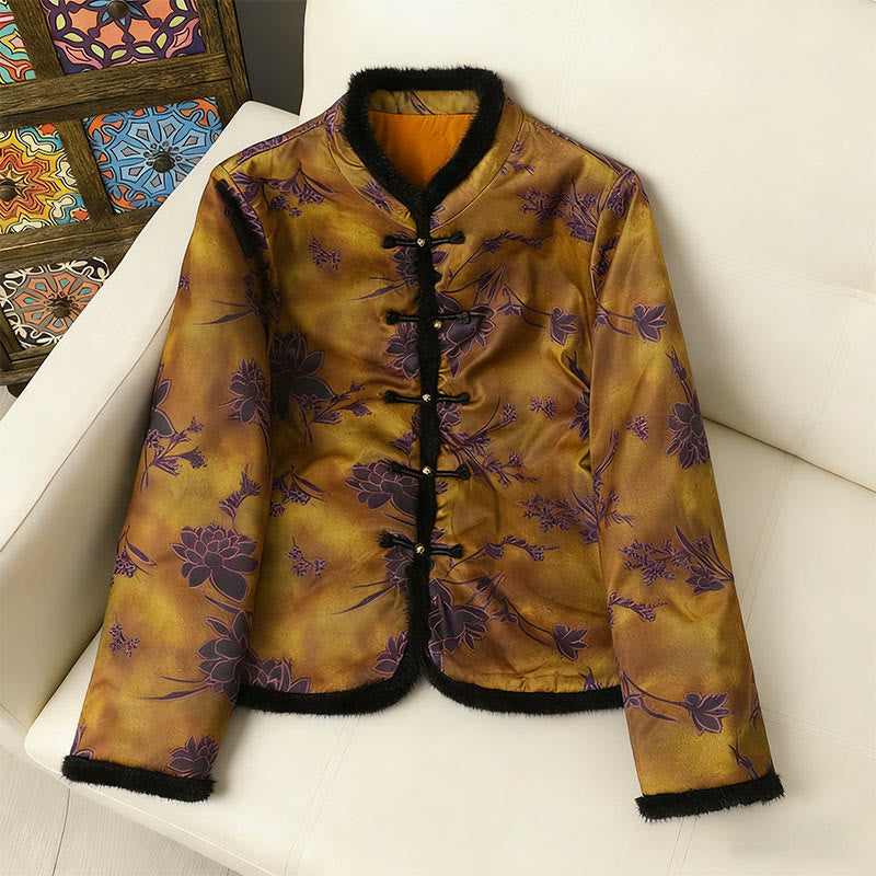 Buddha Stones Frog-button Flower Tree Pattern Women's Long Sleeve Thickened Jacket  - DarkGoldenrod - US12，UK/AU16，EU44(4XL) - image 12
