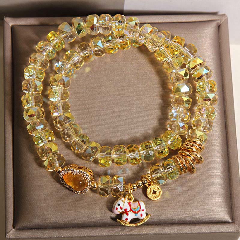 Buddha Stones Chinese Zodiac Year Of The Horse Crystal Glass Copper Coin Gourd Double Wrap Bracelet - image 5
