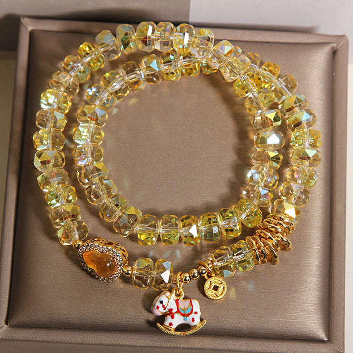 Buddha Stones Chinese Zodiac Year Of The Horse Crystal Glass Copper Coin Gourd Double Wrap Bracelet - image 4