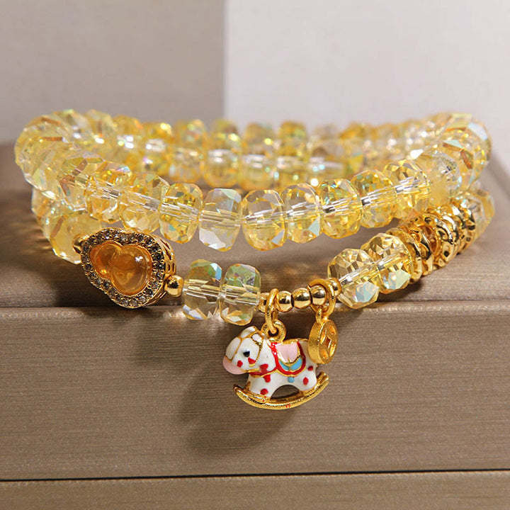 Buddha Stones Chinese Zodiac Year Of The Horse Crystal Glass Copper Coin Gourd Double Wrap Bracelet - image 7