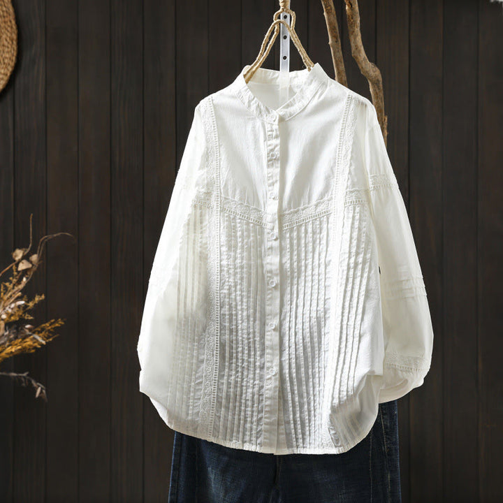 Buddha Stones Fall White Accordion Pleat Design Buttons Women's Cotton Long Sleeve Shirt - White - US4-6，UK/AU8-10，EU36-38 (F) - image 0