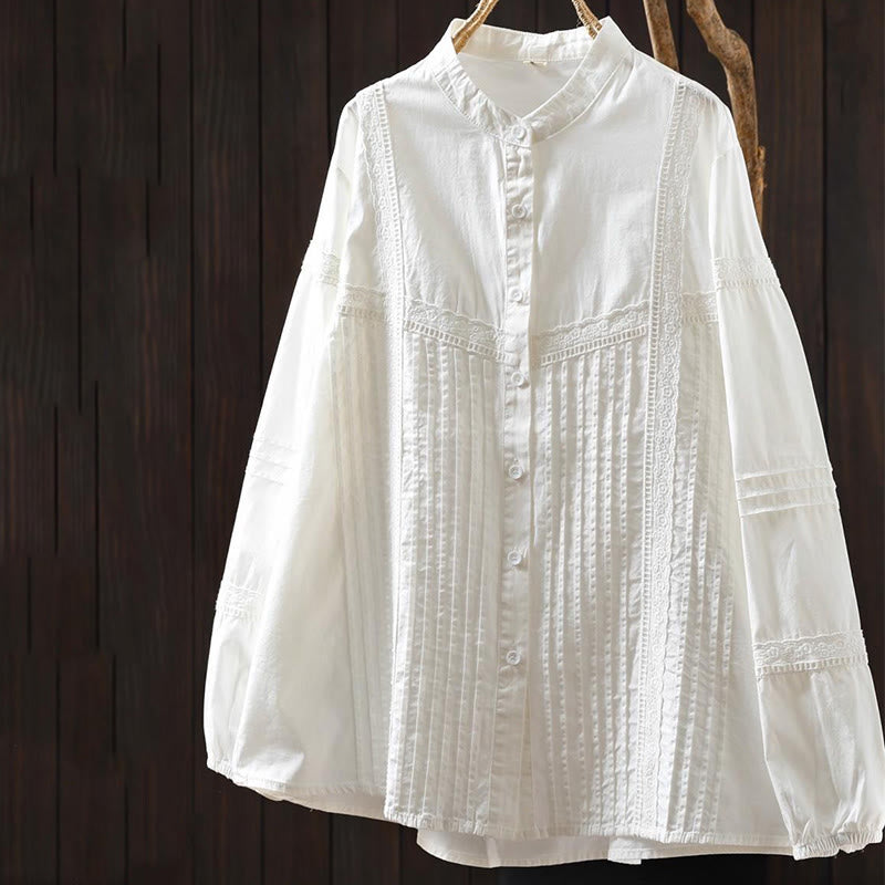 Buddha Stones Fall White Accordion Pleat Design Buttons Women's Cotton Long Sleeve Shirt - image 3