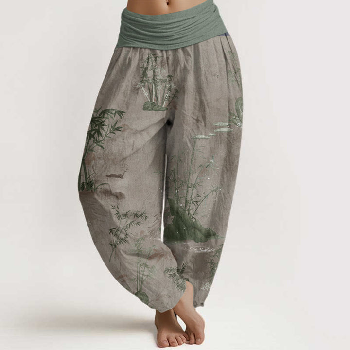 Buddha Stones Cotton Casual Bamboo Rock Ink Painting Women's Elastic Waist Harem Pants - Tan - US22，UK/AU26，EU54 (6XL) - image 4