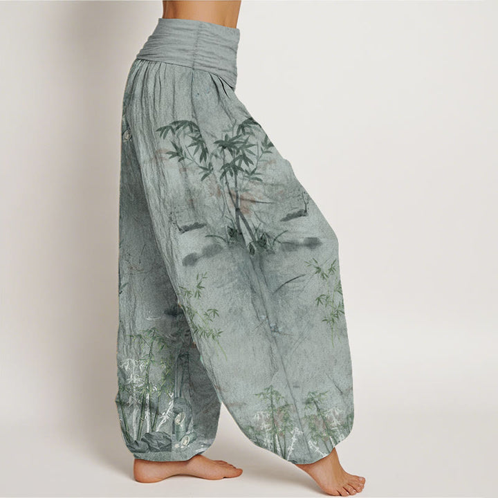 Buddha Stones Cotton Casual Bamboo Rock Ink Painting Women's Elastic Waist Harem Pants - image 8
