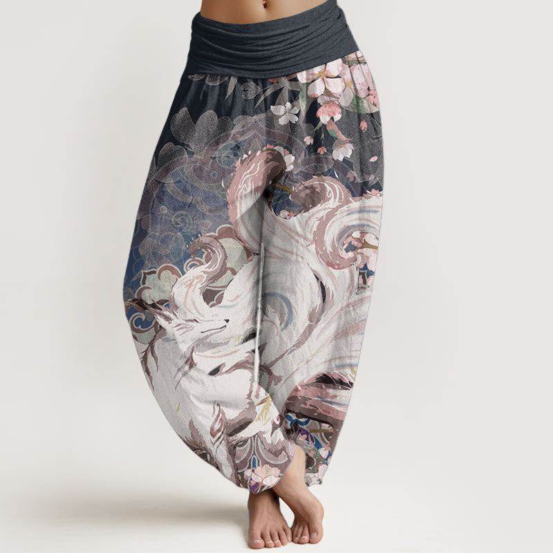 Buddha Stones Cotton Fox Cherry Blossoms Women's Elastic Waist Harem Pants - MidnightBlue - US22，UK/AU26，EU54 (6XL) - image 0