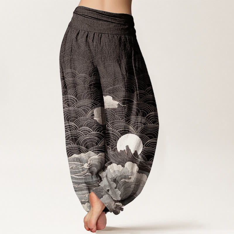 Buddha Stones Cotton Casual Wave Moon Mountain Pattern Women's Elastic Waist Harem Pants - image 1