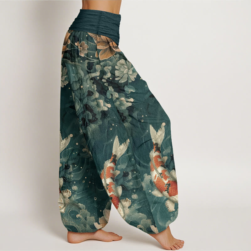 Buddha Stones Cotton Colorful Koi Fish Lotus Flowers Design Women's Elastic Waist Harem Pants - image 2