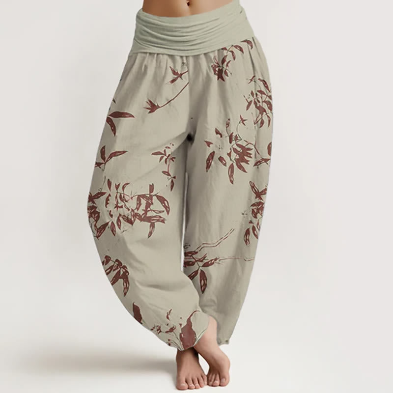 Buddha Stones Cotton Branch Pattern Women's Elastic Waist Harem Pants - Khaki - US22，UK/AU26，EU54 (6XL) - image 0