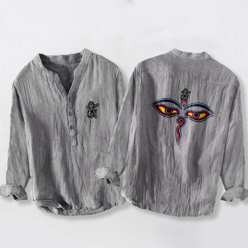 Buddha Stones Om Symbol Eyes Pattern Half Buttons Men's Cotton Linen Long Sleeve Shirt - Gray - US/UK/AU50，EU60 (5XL) - image 0
