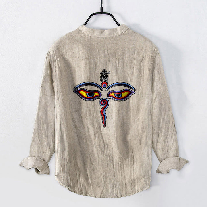 Buddha Stones Om Symbol Eyes Pattern Half Buttons Men's Cotton Linen Long Sleeve Shirt - image 4