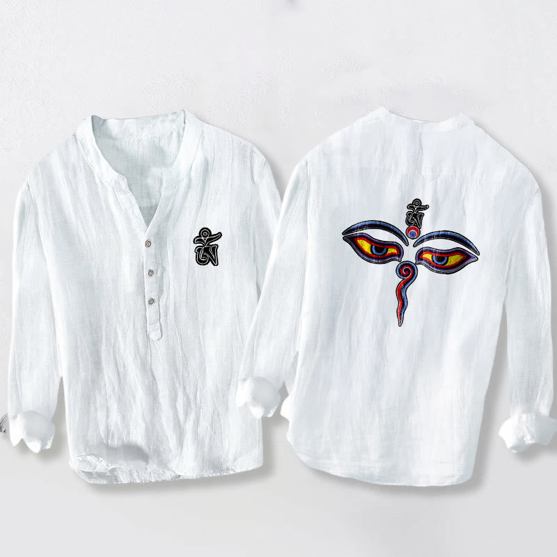 Buddha Stones Om Symbol Eyes Pattern Half Buttons Men's Cotton Linen Long Sleeve Shirt - White - US/UK/AU50，EU60 (5XL) - image 6