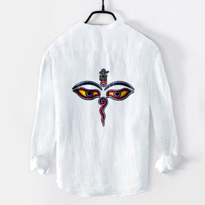 Buddha Stones Om Symbol Eyes Pattern Half Buttons Men's Cotton Linen Long Sleeve Shirt - image 8