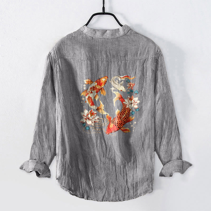 Buddha Stones Bright Koi Fish Lotus Pattern Half Buttons Men's Cotton Linen Long Sleeve Shirt - Gray - US/UK/AU50，EU60 (5XL) - image 0