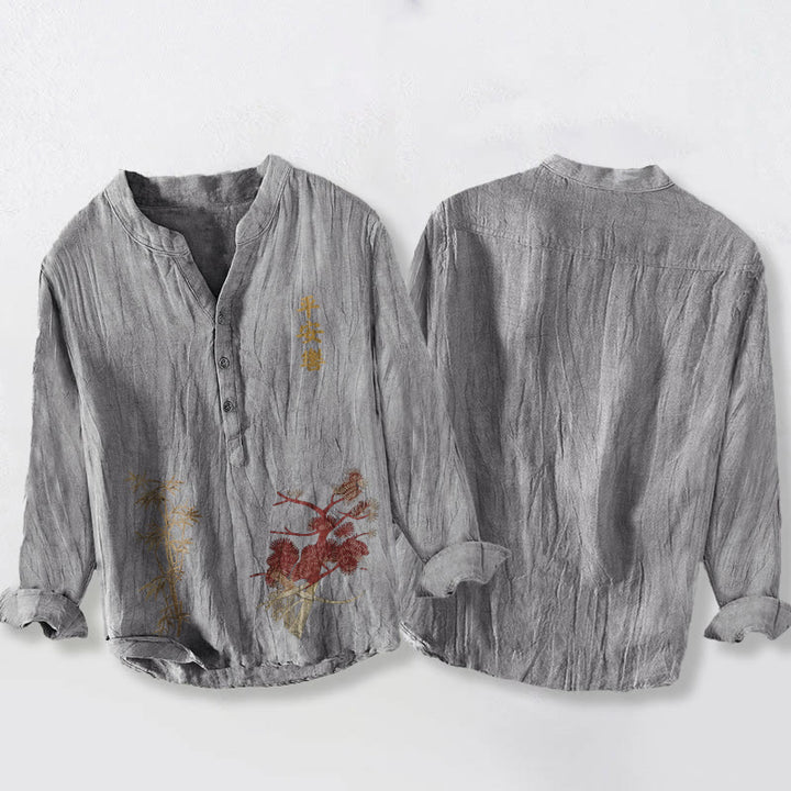 Buddha Stones Chinese Characters Pine Bamboo Half Buttons Men's Cotton Linen Long Sleeve Shirt - image 8